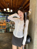 White Round Collar Hook Hollow Long-Sleeved Knitted Cardigan 2026 Autumn New Slim Thin Top