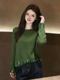 French High-End Fine Shiny Red Knitted Shirt Women 2025 Winter New Fashion Elegant Top