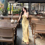 Yellow Print Sling Dress Women's Summer French Lotus Side Small Flying Sleeve Skirt To Close The Waist Temperament Fairy Dress