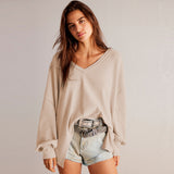V-Necked Fashion Casual Waffling Shoulder Sleeves Sweater Movement Languid Autumn And Winter Top