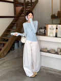 Blue Round Collar Shoulder Foundation Long-Sleeved Bottom Shirt Women 2026 Autumn Simple Set Slim Top