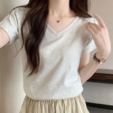 White V-Neck Cotton T-Shirt Women's Half-Sleeved 2026 New Summer Basic Shoulder Small Short-Sleeved Top