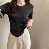 Summer New White Short-Sleeved T-Shirt Women's Shoulder Tight Design Short-Term Pure Desire Irregular Fish Bone Top