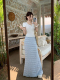 White Shoulder Short-Sleeved T-Shirt Gentle Style Suit Women's Summer Wooden Ear-Side Bag Hip Skirt Skirt Two-Piece Cover