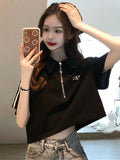 Polo Collar T-Shirt For Women 2025 Summer Short Loose Top Design Small Half Zipper Front Shoulder Short Sleeve Pure Cotton