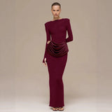 2025 Autumn And Winter New Pure Color Temperament Style Long Sleeves Crede Bagted Toss Dress