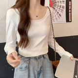 White Flowers Gray Shoulder Long-Sleeved T-Shirts For Autumn And Winter Design Feel Big Neck-To-Mouth Hot Girls Pure Desire Short-Term Bottom To Put On The Top Of The Coat