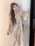Tea Break French Dress Long Sleeve V Collar Bubble Sleeves To Close Waist Yellow Floral Dress Temperament Waist Fairy Dress Summer Autumn