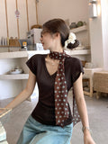 Green Plants Wearing Shoulder Thin Short-Sleeved T-Shirt Women's Summer New Slim 2026V Collar Small Top