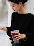 French Black Nail Beads Collar Knitted Women's New Languid Wind High Sense Loose Sweater Top