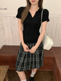 Polo Collar Front Shoulder Design Knitted Short-Sleeved T-Shirt For Women's New Summer 2026 Slimming Waist Top