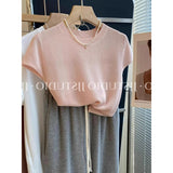 Summer Blue Little Flying Sleeve Ice Silk Knitted Short-Sleeved T-Shirt Femininity Slime Straight Shoulder Unique Beautiful Top