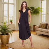 Summer Ladies Home Dress Long Dress Modal Short Sleeves Deep V Lace Home Skirt