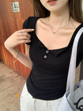Korean Irregular V-Neck Button Shoulder Short-Sleeved T-Shirt 2026 New Folded Repair Waist Small Top