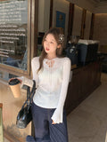 Tie Long-Sleeved Bow Tie Shirt Micro-Permeable V-Neck Knitted Bottom Shirt Women's Spring Style Top