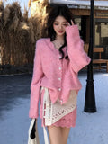 Temperament Thousand Gold Wind Pink Sweater Set Of Women's Autumn And Winter Sweet Soft-Creinating V-Neck Knitted Skirt Two-Piece