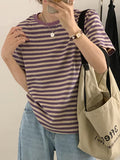 Short-Sleeved T-Shirt For Women 2025 Summer Fruit Green Stripes New Loose Shoulder Unique Comfortable Tuck