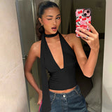 2025 Summer New Hanging Neck Low Breast Slings Sexy Neck Strap Back Hollow Vest Deep V Striped Back
