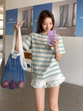 Fashion High-End Color Striped Round-Neck Short-Sleeved T-Shirt For Women's Summer New Loose Meat Masking Thin Casual Blouse