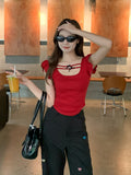 Red Shoulder Collar Lace Short-Sleeved T-Shirt Girl Summer Niche Design Sexy Hot Girl Small High-Waist Top