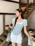 Purple Design Fake Two 2026 New Short-Sleeved T-Shirt Women Summer Chic Sweet Wearing Shoulder Repair Body