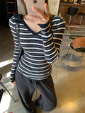 Black And White Striped Hottie V-Neck Long-Sleeved Knitted Shirt Women's Spring New Pure Desire To Put On The Bottom Shirt Top