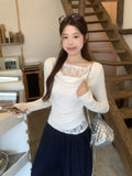 White Collar Lace Fake Two Long-Sleeved T-Shirt Women's Clothing Early Autumn Wearing A Bottom Shirt Repair Waist Top