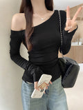 Pure Cotton Oblique Shoulder Collar Long-Sleeved T-Shirt Girl Early Autumn Sweet Hot Girl Folded Waist Short Hidden Blue White Top