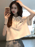 Polo Collar T-Shirt For Women 2025 Summer Short Loose Top Design Small Half Zipper Front Shoulder Short Sleeve Pure Cotton