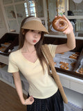 Yellow Simple Casual C Chic V-Neck Short-Sleeved Woman 2026 Summer New Fashion Age Reduction Front Shoulder T-Shirt Korean Top