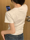 U-Neck Gray With Short-Sleeved T-Shirt For Girls Summer Slime Half-Sleeved Top Low-Necked Shoulder Trussins