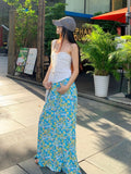 Set Of French Rope Smear Waistcoat Women Summer Blue Floral Half-Dress Two Sets Fresh And Sweet