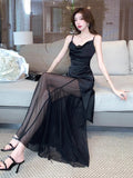 Black Sling Dress Dress High Sexy Famous Temperament Thin Mesh Splicing Irregular Long Dress Summer