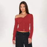 Autumn 2025 Hot Women's Slanted Shoulder Long-Sleeved Button Knitted T-Shirt Y2K Hot Girl Style Repair Body