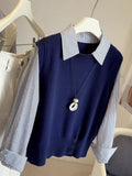 2025 Autumn Fashion Casual Fake Two-Piece Blouse Women Knitted Shirt Spliced Striped Shirt Women Age-Reduced Shirt
