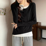 This Year's Popular Splicing Button Half-Open-Neck Long Sleeves Hit Two T-Shirts Women's Gas Hit Bottom Shirt Tops