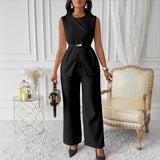 Spring And Summer 2025 New Women's Solid Color Jacket Sleeveless Belt Two Sets Of Trouser Casual Set