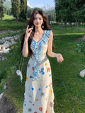 French Print Lotus Leaf Dress Women Summer Beautiful Seaside Holiday Hot Girls Unique Beautiful Waist Long Dress