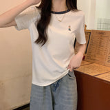 Design-Sensitive Small Embroidered Short-Sleeved Top Women 2026 Summer New Waffle Round Collar Straight Shoulder T-Shirts