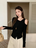 Design Chic Temperament Oblique Shoulder Long-Sleeved T-Shirt Autumn New Irregular Opening Open Fork And Dew Shoulder