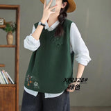 Vintage Art Buckle Embroidered Knitted Vest For Women's Extra-In-2025 Spring New Round-Neck Cotton Sweater Vest