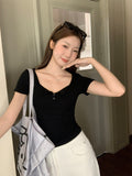 Korean Irregular V-Neck Button Shoulder Short-Sleeved T-Shirt 2026 New Folded Repair Waist Small Top