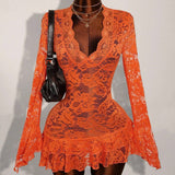 New Women's Vintage Babes Hollow Lace V-Neck Waist Thin Perspective Holiday Dress