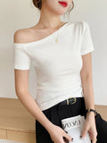 Slanted Shoulder Short-Sleeved T-Shirt Women's Summer 2025 New Beautiful Shoulder Sexy Hottie Design Sense Niche Chic Top