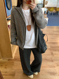 Flower Gray Hooded Draw Rope Long-Sleeved Zipper Knitted Cardigan Women 2026 Fall Languid Sweater Jacket