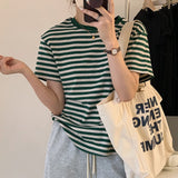 Short-Sleeved T-Shirt For Women 2025 Summer Fruit Green Stripes New Loose Shoulder Unique Comfortable Tuck