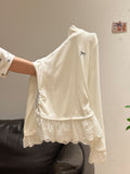 Small Collar Pure White Lace Hem Grinding Hair Plus Velvet Autumn And Winter Long-Sleeved T-Shirt Inside The Top Of The Woman