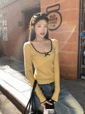 The Bow Bumped Color Hair Knitted Long-Sleeved T-Shirt Girl Han Linen Early Autumn Wearing Shoulder Repair Inside The Bottom Shirt Top