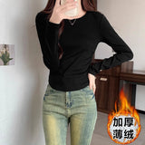 Pure Cotton Long-Sleeved Bottom Shirt Women's Autumn And Winter 2026 New Curved Hem Irregular T-Shirt With Velvet Top