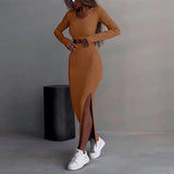 Hot Women's Clothing Solid Color Knitted Long-Sleeved T-Shirt Set Half-Body Fork Bag Hip Skirt Two